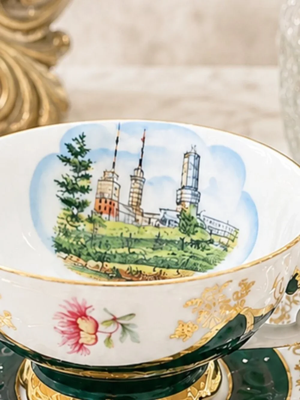 Vintage Bavaria Demitasse Emerald and Gold Hand Painted Teacup and Saucer Set